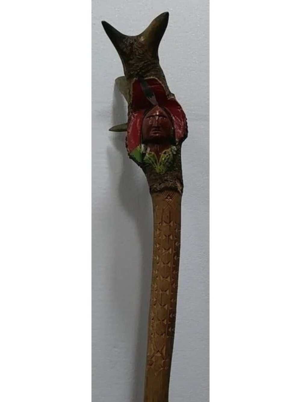 RARE Penobscot Hand-Carved Root Club Double Effigy Fox Spirit & Indian Head 23"